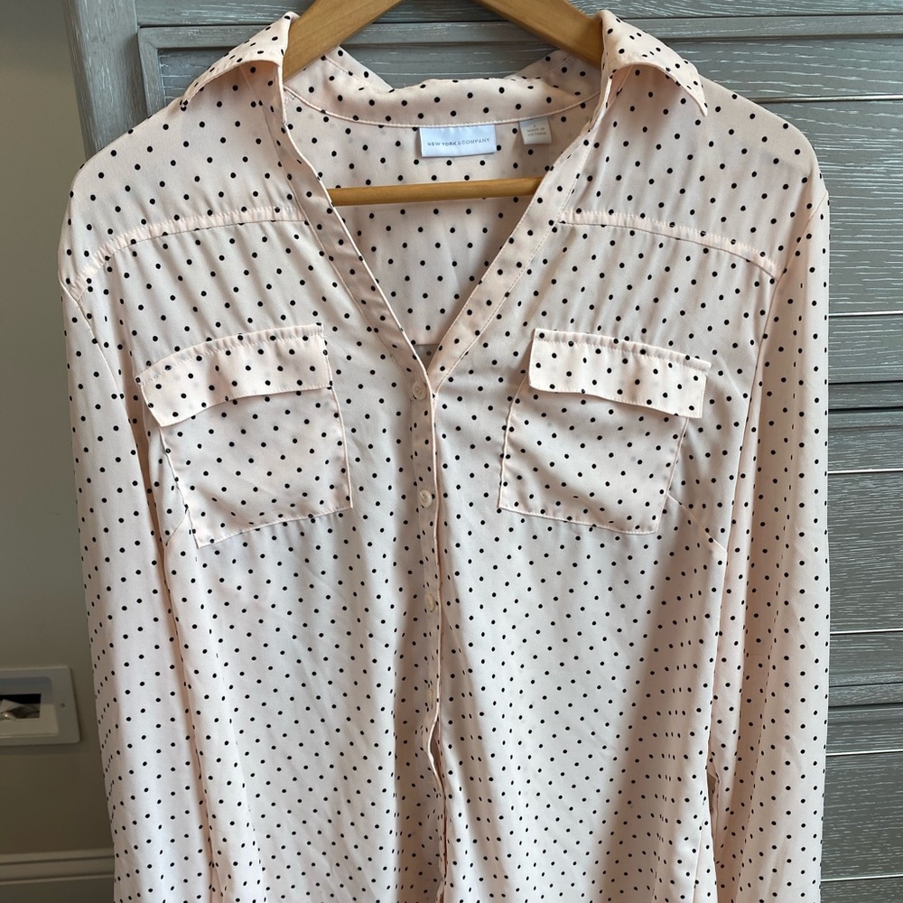 New York&Company pink and black polka dot blouse